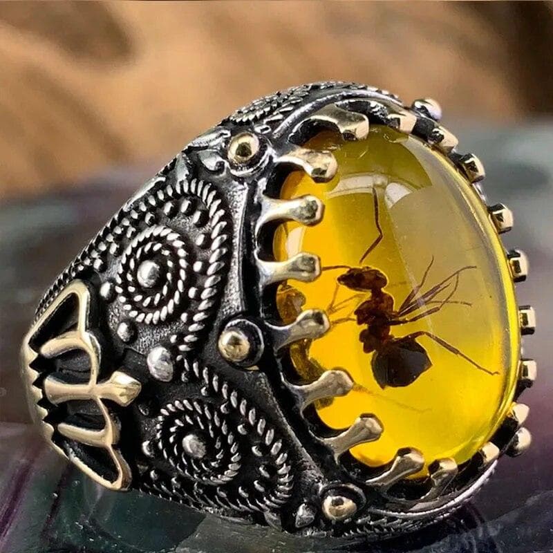 Retro Handmade Turkish Signet Rings For Men Ancient Silver Color Carved Scorpion Animal Rings Yellow Zircon Inlay Muslim Rings 6