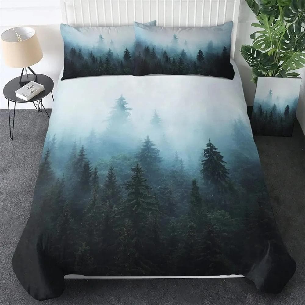 Smoky Mountain Duvet Cover Set Misty Forest Bedding Set Full Queen Size Grey Trees Natural Scenery Art Comforter Cover 150X200cm-3pcs