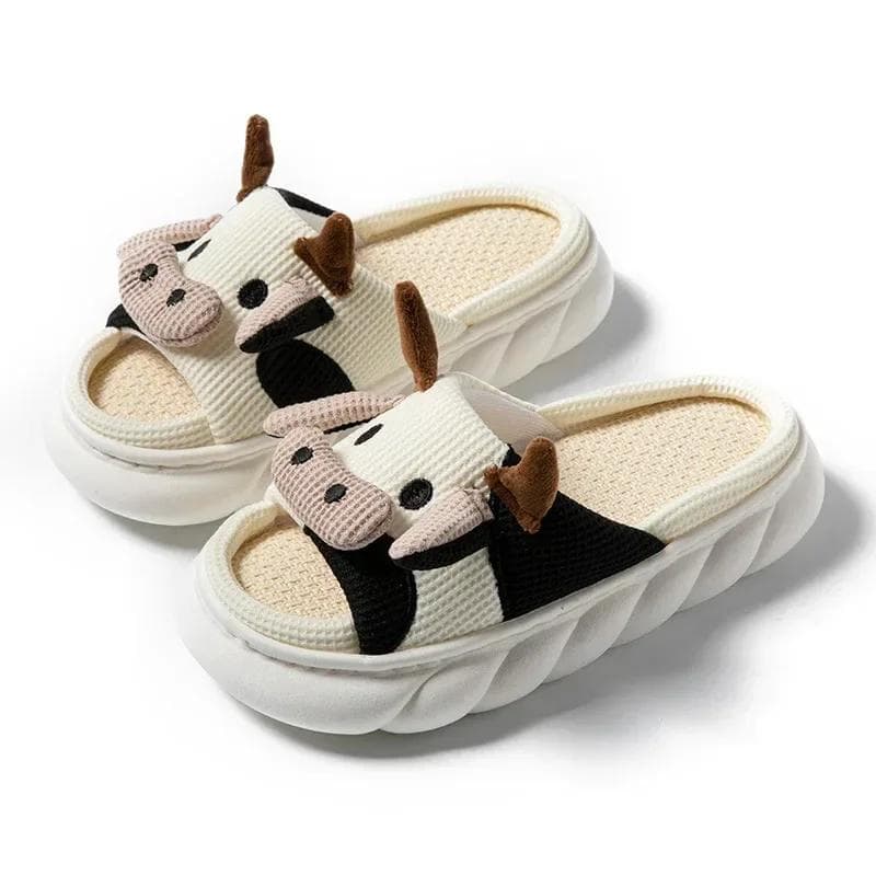 Cute Cartoon Cow Unisex Linen Slippers Spring Summer Slides Mule Men And Women Home Shoes Non-slip Flip Flops For Four Seasons 44-45 white