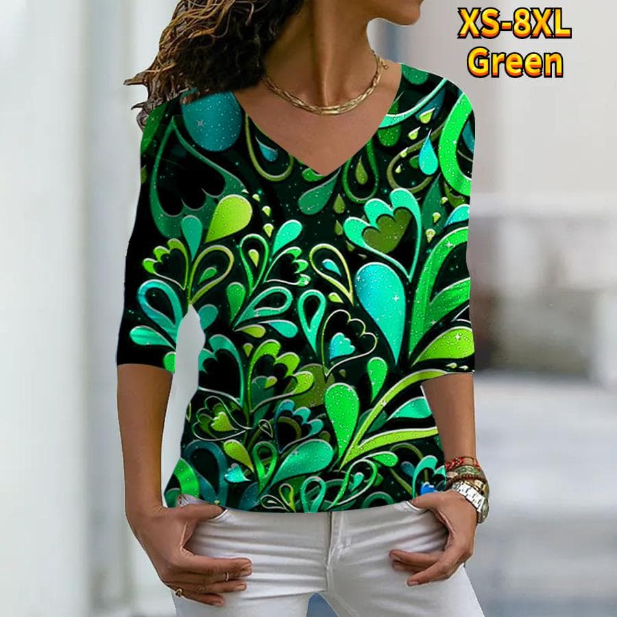 Women Autumn Floral Colorful Flowers and Plants Printed Long Sleeve T-Shirts Loose V-Neck Plus Size Tee Shirt Tops Comfy Blouse M green