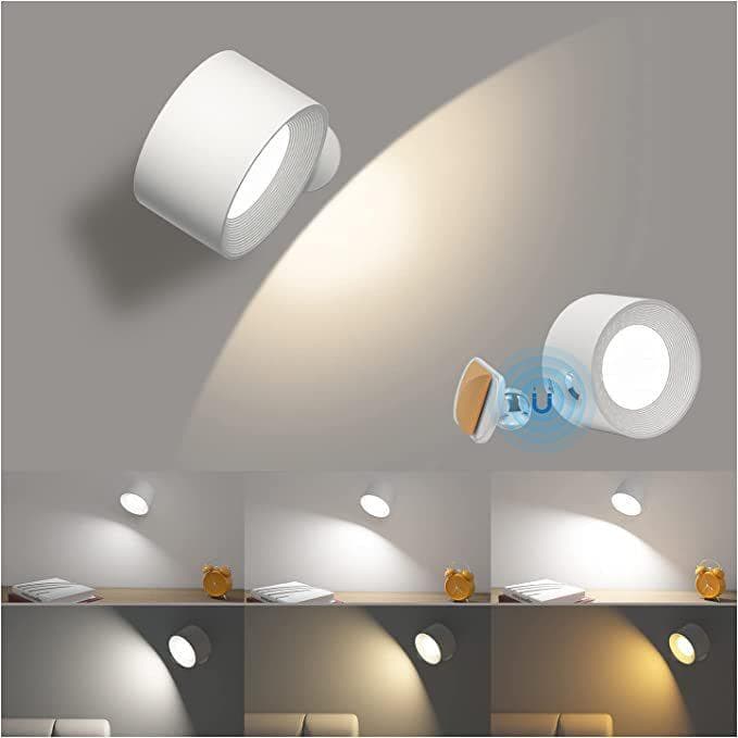 LED Wall Sconces Light LED Bedroom Reading Light Rechargeable Portable 360° Rotatable Touch Control Cabinet Lamp white