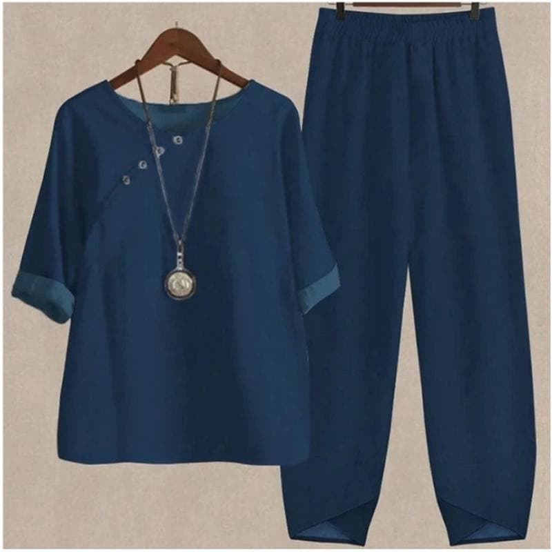 Summer Loose O-Neck Top Wide Leg Pants Two Piece New Elegant Pullover Pants Summer Suit Women Harajuku Style Suit S