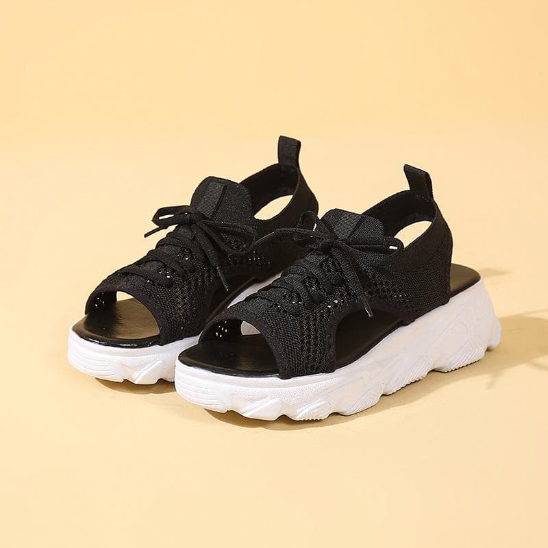 Summer Women's Fashion Peep Toe Platform Shoes Casual Mesh Breathable Wedge Sandals Simple Lace-Up Thick Sole Sandals 35 black