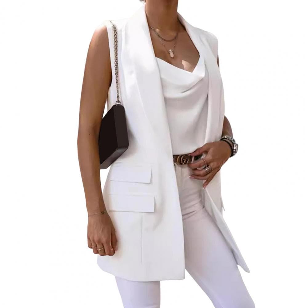 Women Vest Sleeveless Single Button Western Style Slim Fit Cardigan Suit Coat Pure Color Deep V Neck Formal Business Style Lady M white