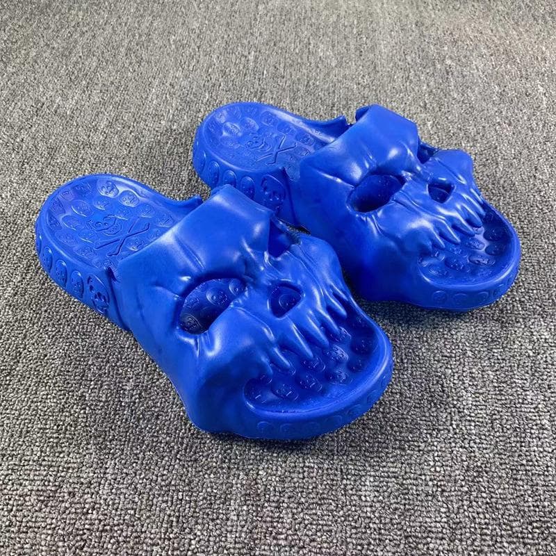 Personalized Skull Design Men Slippers Summer Outdoor Fun Slides Thick Bottom of Beach Non-slip Leisure Women Sandals 44-45 blue