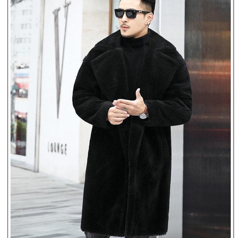 Warm Winter Men's Leather Jacket Long Alpaca Coat Windbreaker Jacket 5XL black