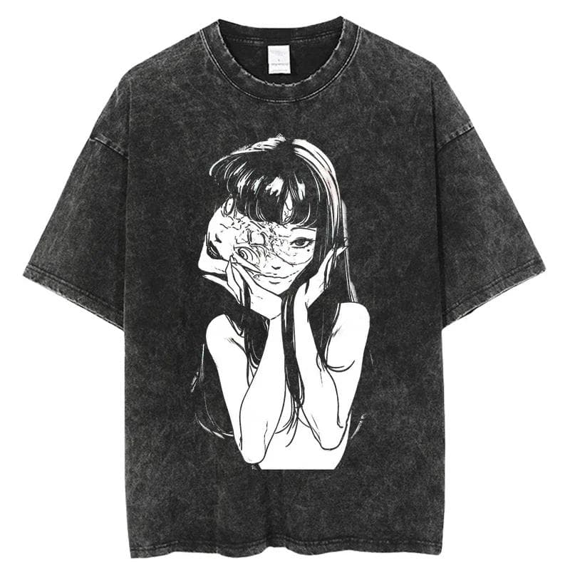 Oversize Acid TShirt For Men Women Thriller Comic Graphics TShirt Washed Kawakami Tomie Anime Top Tees Streetwear S