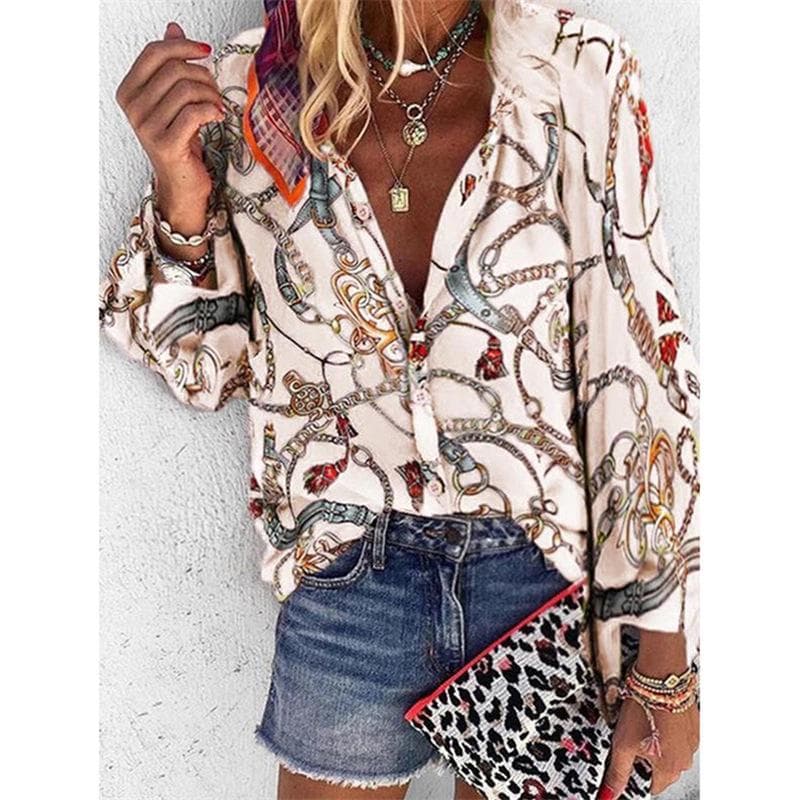 Women's Autumn/Winter Multi-Color Chain Print Stand Collar Long Sleeve Shirt Small white