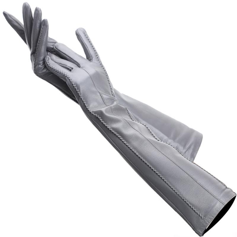 High Quality Ladies color Lambskin Leather Gloves length 47cm Winter Warm Fashion long gloves 7.5 grey