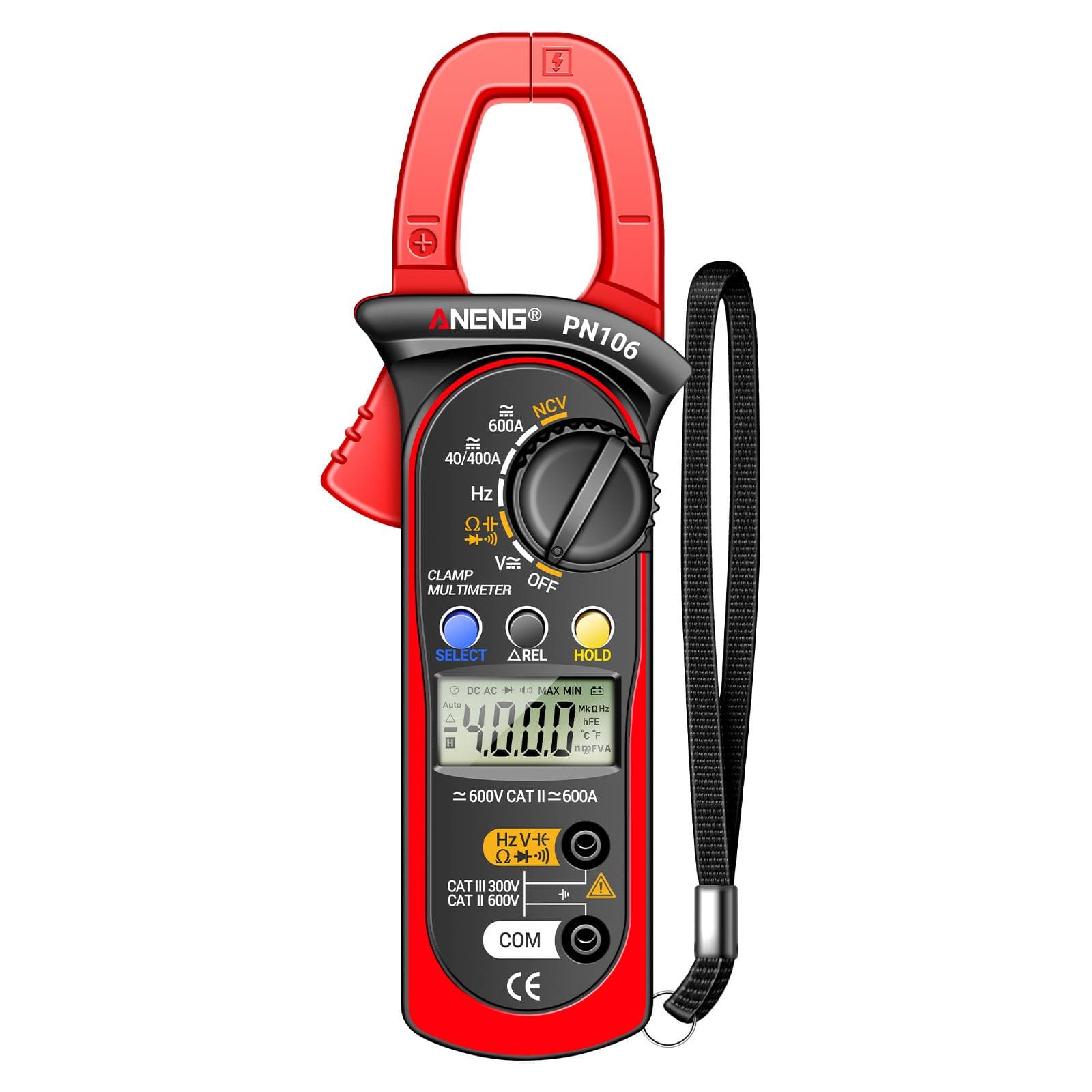 ANENG PN106 Digital Clamp Meter 4000 Counts Auto Range Multimeter with NCV Voltage Induction red black