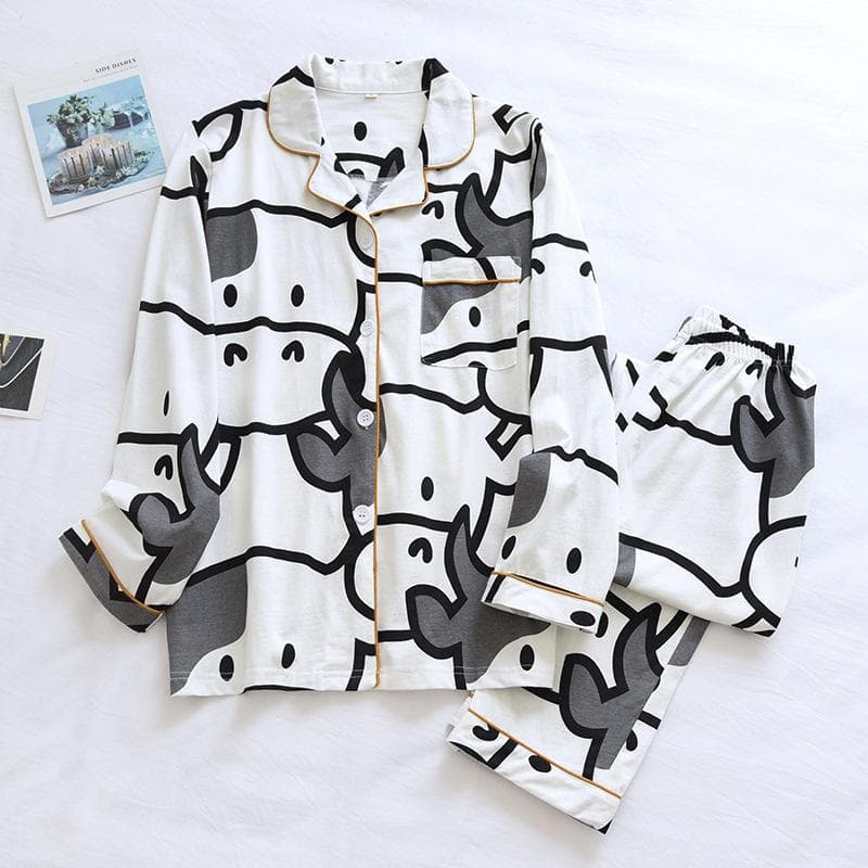 New Spring and Autumn Couples 100% Cotton Knitted Pajamas 2-piece Long-sleeved Trousers Set Loose Home Clothes for Men and Women XL