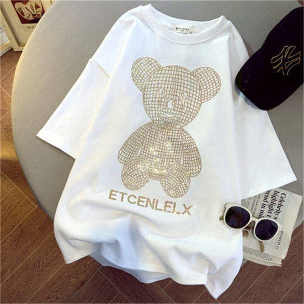 New Summer Pure Cotton Short-sleeved T-shirt for Men and Women Bears and Diamonds for Couples Loose Large Size Versatile Tops XL white