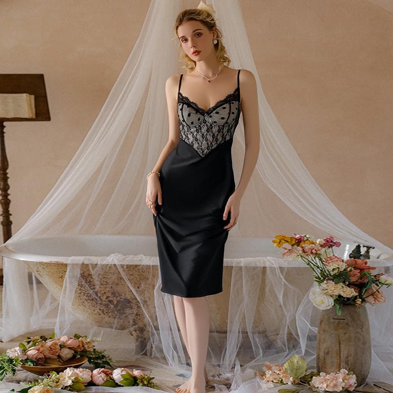 New Elegant French Black Dress Sexy Mesh Lace Nightgown with Breast Pad Regular Fit Knee-length Underwear L