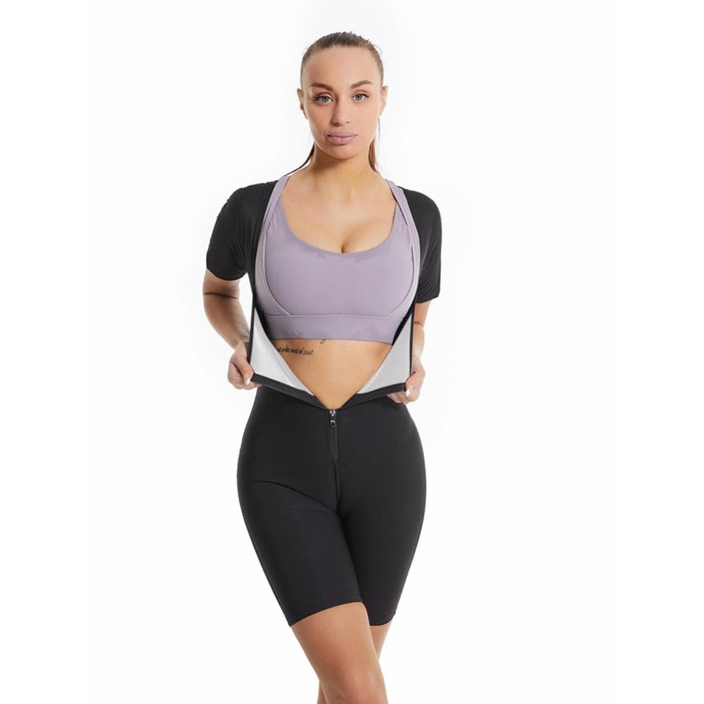 Short Sleeve Jumpsuit Sauna Suit for Women Sweat Vest Waist Trainer 3 In 1 Slimming Full Body Shaper Workout Tops S silver