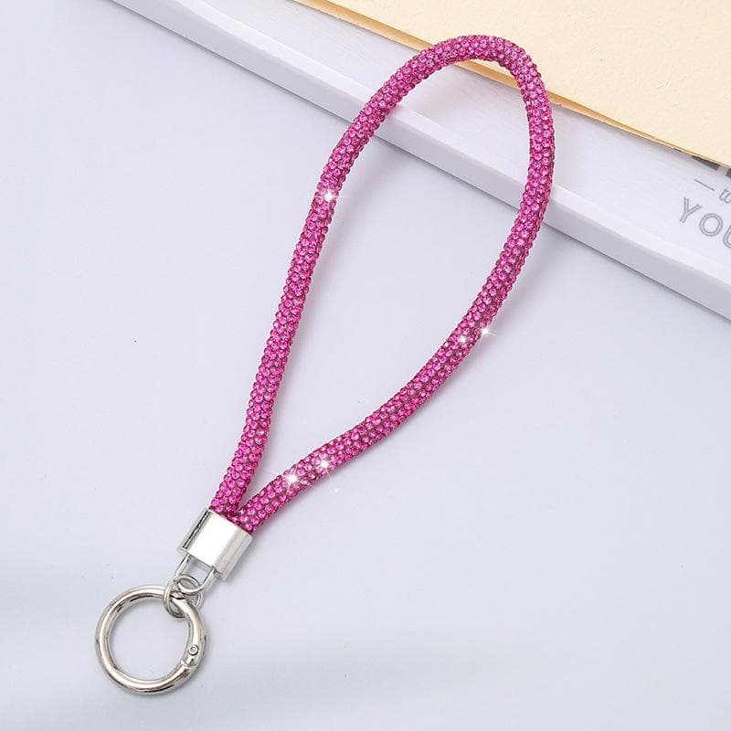 Mobile Phone Crystal Wrist Straps Glitter Rhinestone Phone Lanyard Keychain Hanging Anti-Lost Rope rose red