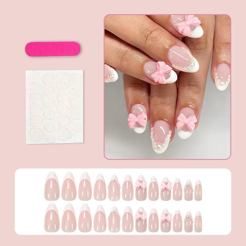 24pcs Pink Bow Simulation Pearl Design White French Acrylic Short Press-On Nails Set, For Women And Girls Daily Wear And Party,Nail Art Supplies