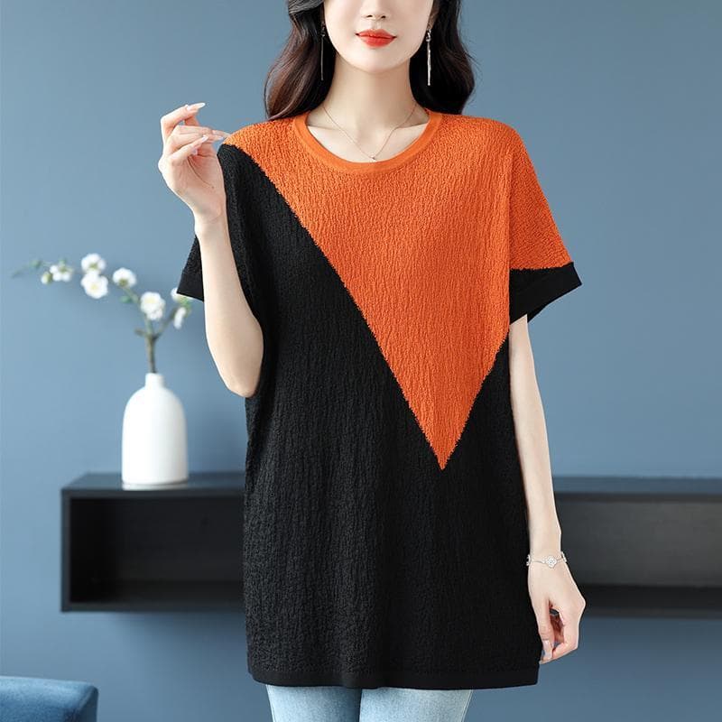 Large Size Loose Color Blocked Ice Silk Medium Long Casual Short Sleeved Knitted Top for Women 3XL