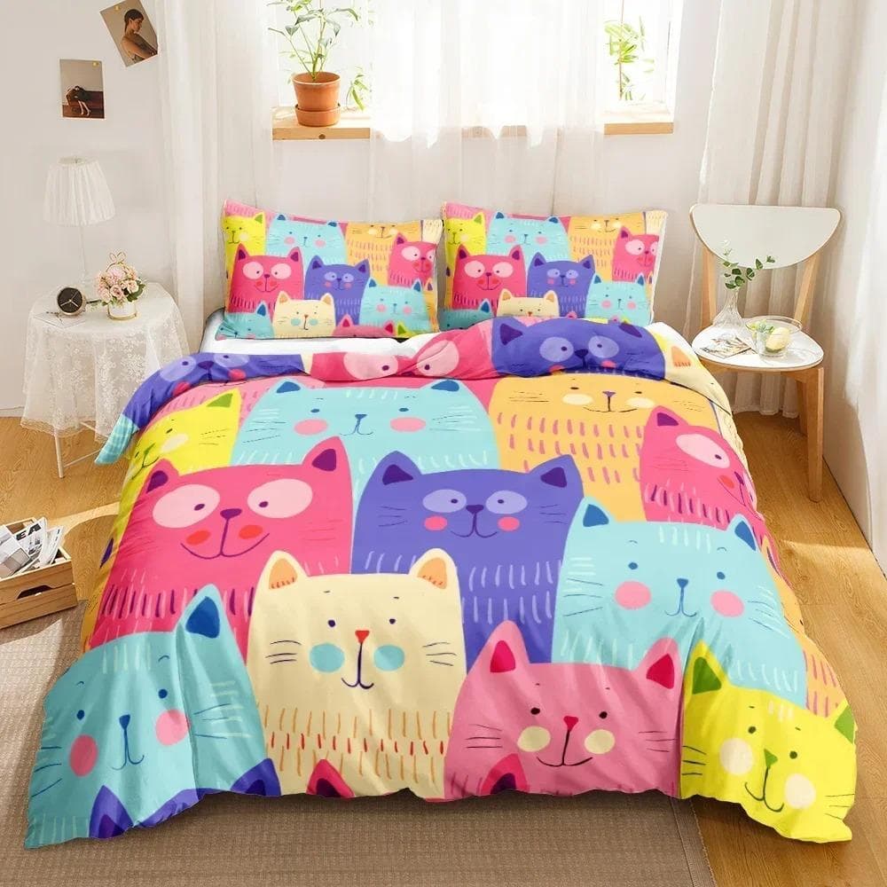 Cartoon Cute Cat Bedding Set,Duvet Cover Comforter Bed Set Quilt Cover Pillowcase,King Queen Twin Size Boys Girls Adultse 135X200cm-2pcs