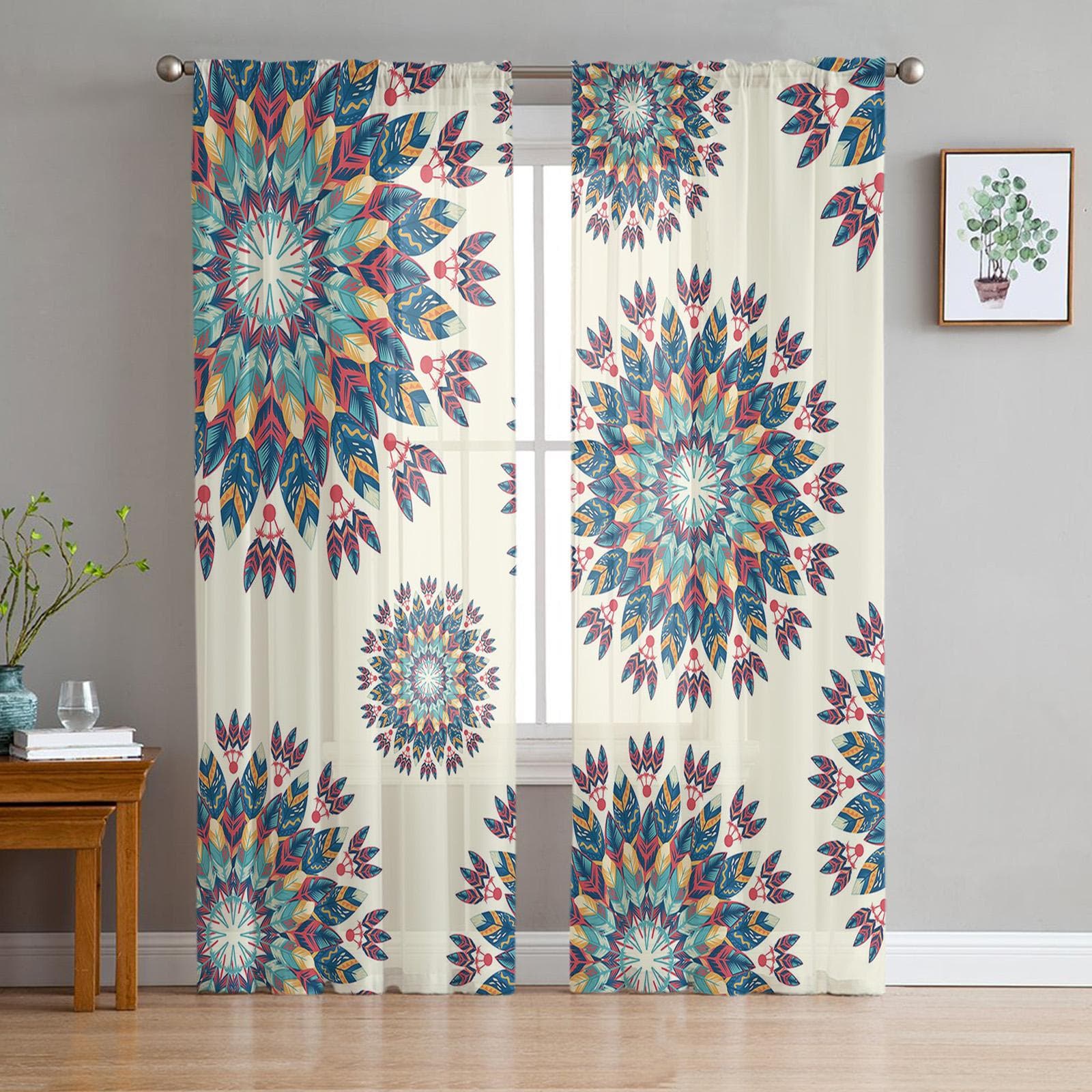 Tulle Curtains Mandala Pattern Gradient Boys And Girls Bedroom Sheer Hanging Curtain Living Room Kitchen Gauze Curtain 135W x 114H(cm)
