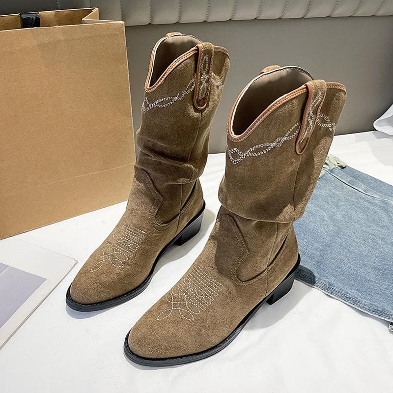 New Retro Mid Tube Embroidered Stacked Boots Western Cowboy Boots V-neck Knight Boots for Women 42 khaki