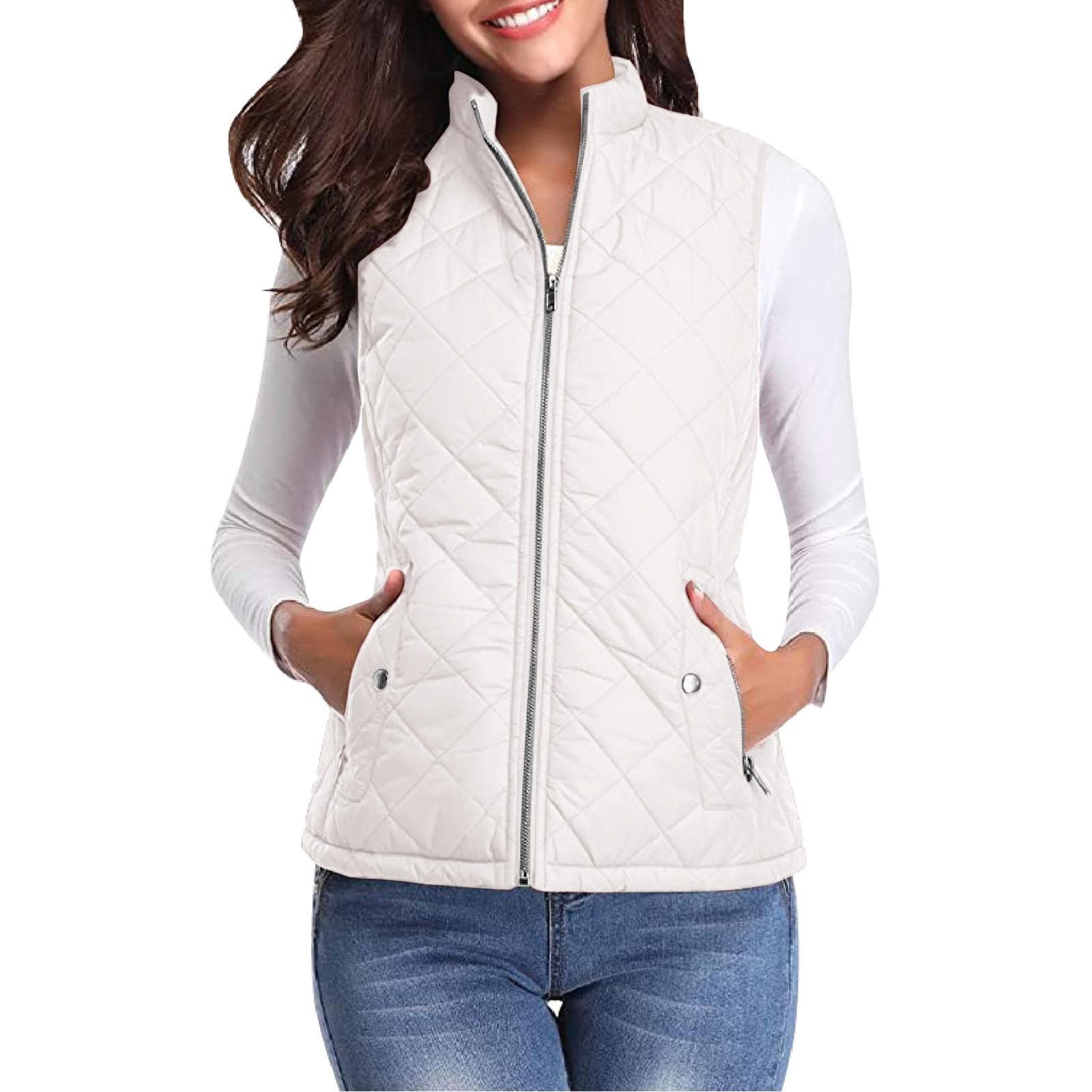 Women's Fashion Casual Solid Color Stand Collar Zipper Pocket Warm Cotton Vest Coat L white
