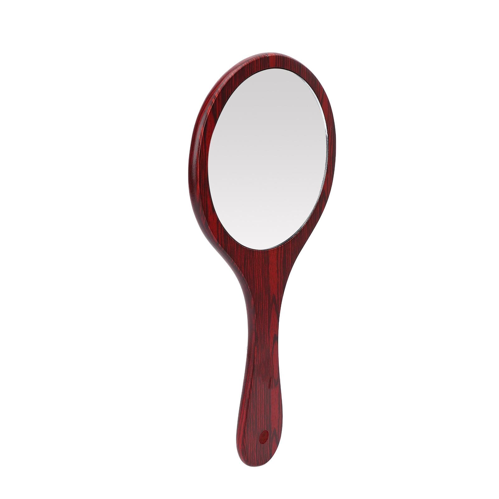Vintage Handheld Mirror Wooden Handle Hanging Hole Makeup Hairdressing Mirror for Household Red