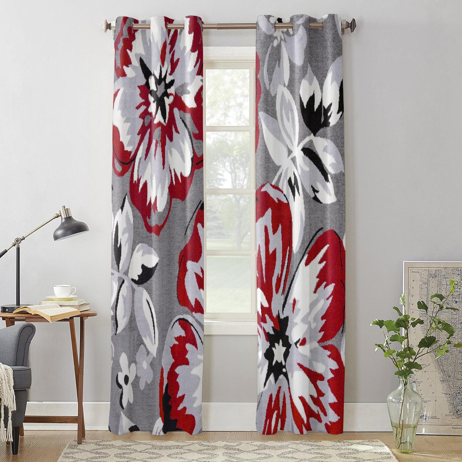 Bedroom Kitchen Curtain Flower Red Grey Texture Window Curtains Curtains for Living Room Decorative Items 135W x 60H(cm) x1