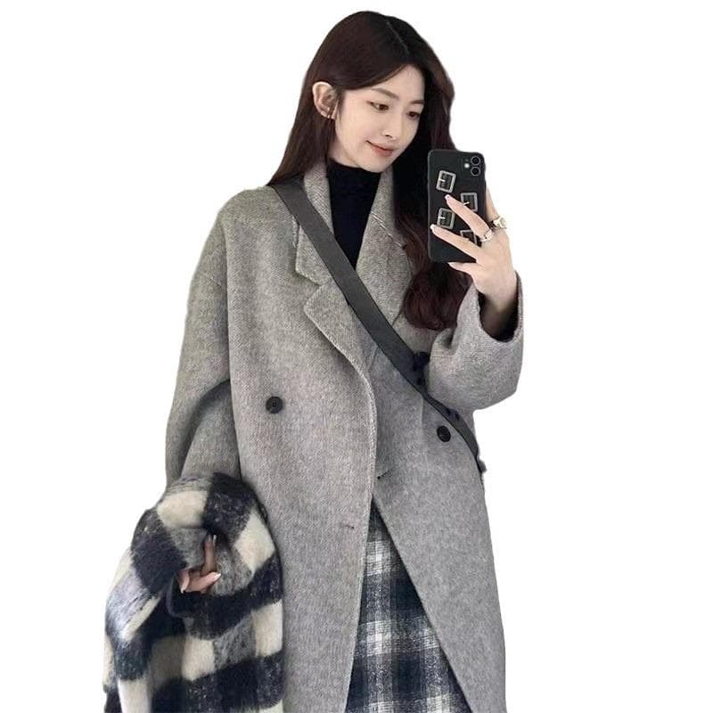 Gray Woolen Coat Women's Autumn and Winter New Small High-end Medium and Long Coat 3XL