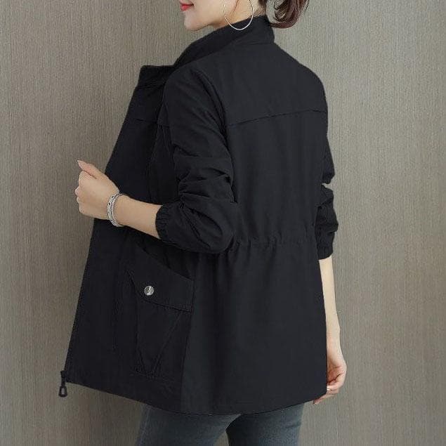 FiveFive Double Layer Lining Windbreaker Women Spring Autumn Short Coat Fashion Plus Size Stand-Up Collar Ladies Jacket Plus Size 3XL XL black