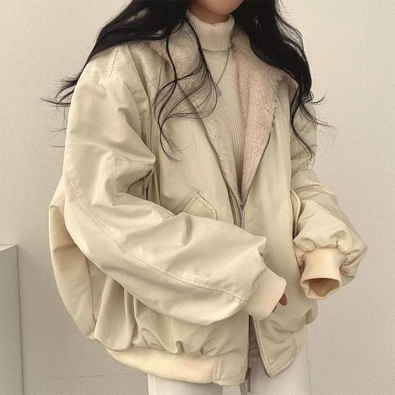Thickened Two-sided Wear Lamb Wool Cotton Jacket Women's Coat Loose Hooded Tops S apricot