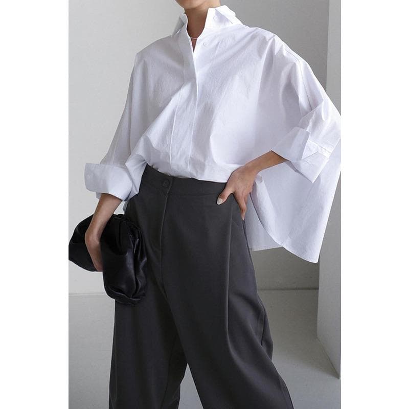 Women's Spring and Summer Long Sleeve Shirt Women's Korean Style Loose Large Size White Cape Type Bat Sleeve Shirt L white