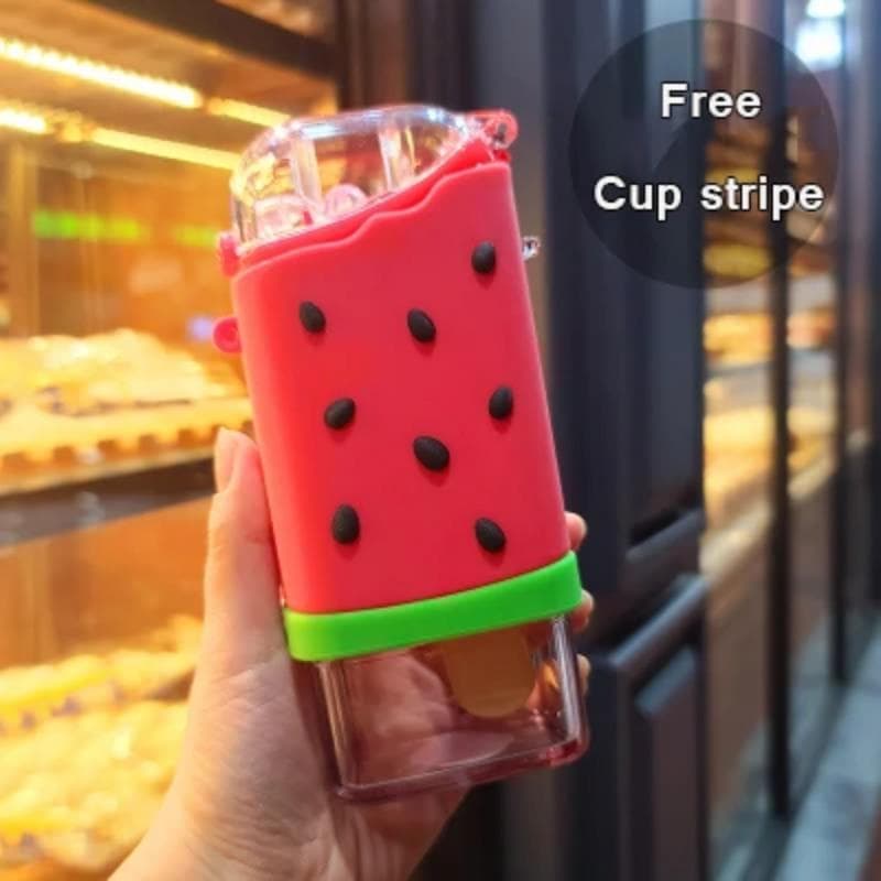 Cute Ice Cream Plastic Water Bottle With Straw Strap Popsicle Water Bottle Watermelon Kettle Leakproof Tritan Bottle BPA Free Cu 300ml