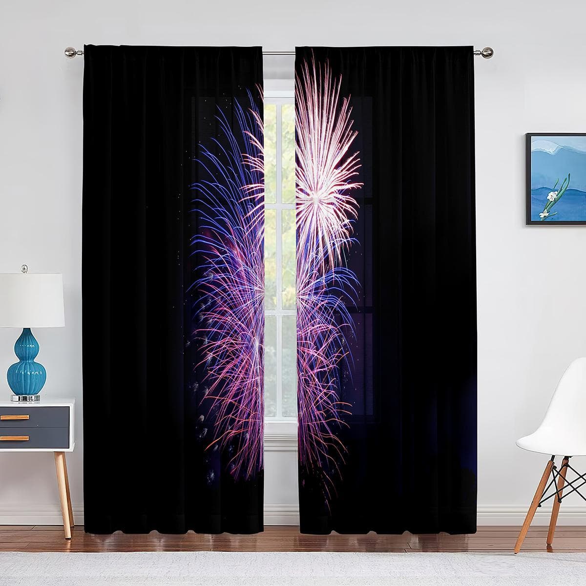 Blooming Colorful Fireworks Printed Sheer Voile Curtains for Living Room Bedroom Tulle Window Curtain Home Balcony Decor Drapes 1 PCS W100XH250cm&Grommet Top