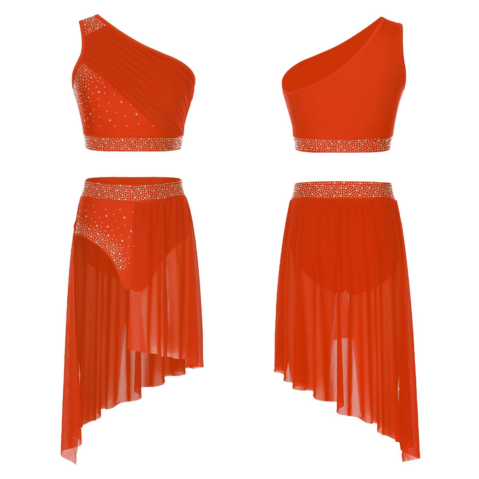 Women Lyrical Dance Costume Chiffon Splice Artistic Gymnastics Activewear Outfits Modern Jazz Dancewear Crop Top with Skirt M orange