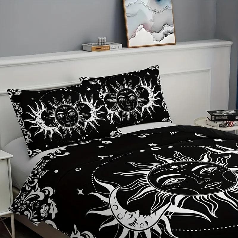 3pcs Black And White Sun And Moon Print Duvet Cover Set Includes 1 Duvet Cover And 2 Pillowcases (Core Not Included) 70x133cm 2pcs