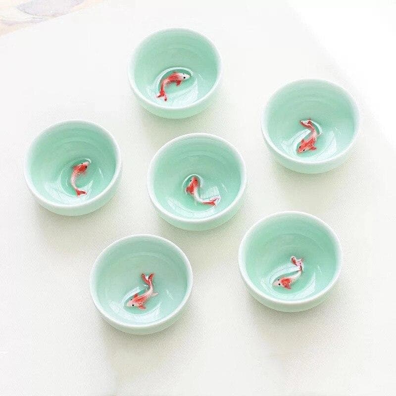 6Pcs/Set Office Tea Cup Creative Celadon 3D Fish Teacups Crackle Glaze Travel Tea Bowl Porcelain Kung Fu Water Mug Drinkware