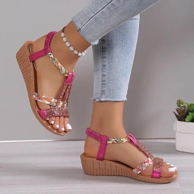 Shoes for Women Summer Women Wedge Bohemia Rhinestones Casual Platform Sandals Female Peep Toe Outdoor Beach Shoes 37 rose pink
