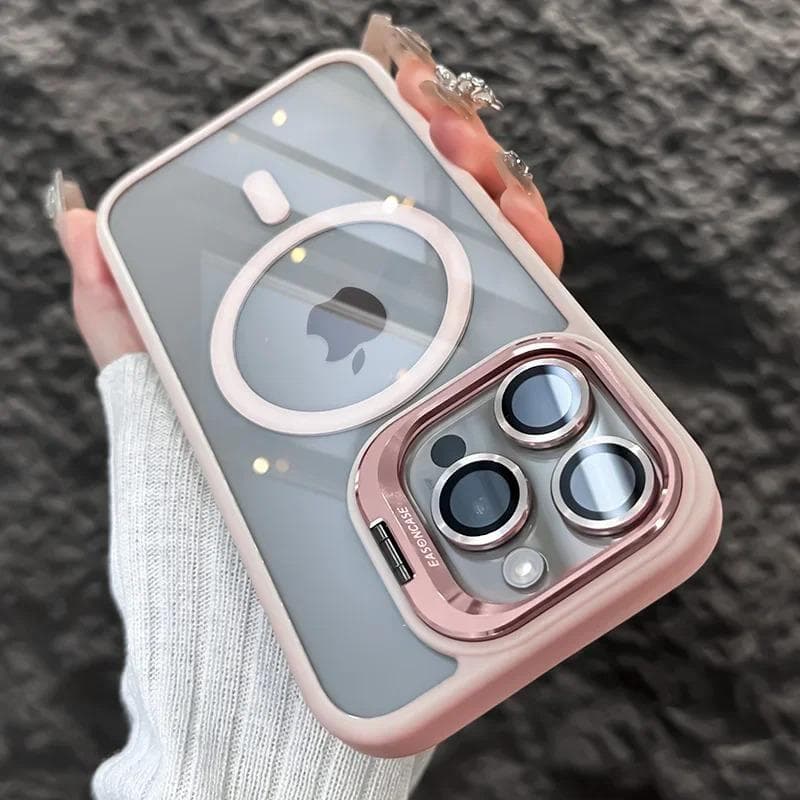 Luxury Magnetic Shockproof Phone Case For iPhone 16 15 14 13 12 11 Pro Max Plus Funda Stand Glass Lens Protection Back Cover iPhone 11 Pro Max pink