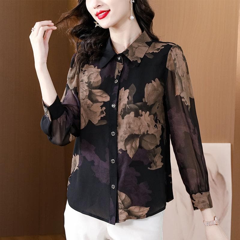 Beautiful Age-reducing Floral Long-sleeved Shirt Middle-aged Mother's Autumn New Style Polo Collar Shirt 4XL