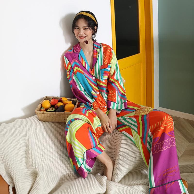 Women's Printed Pajamas Set 2 Piece Set with Pants Women's Spring Pajamas Long Sleeve Oversized Lapel Pajamas for Women XL purple