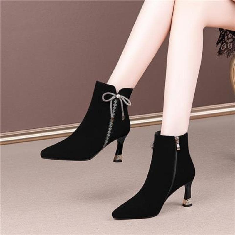 Fashion 2024 Brand Shoes for Women Zipper Winter Women's Boots Pointed Toe Flock Plush Butterfly-knot Sequins High Heels Fashion Boots 39 black