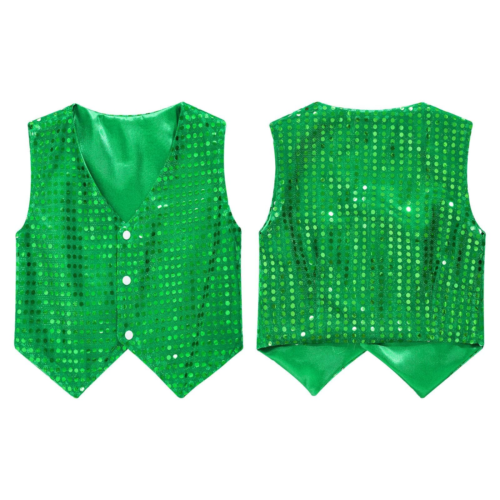 Kids Unisex Jazz Dance Performance Costume Sleeveless Glittery Sequined Vest Waistcoat 12-13 Years green