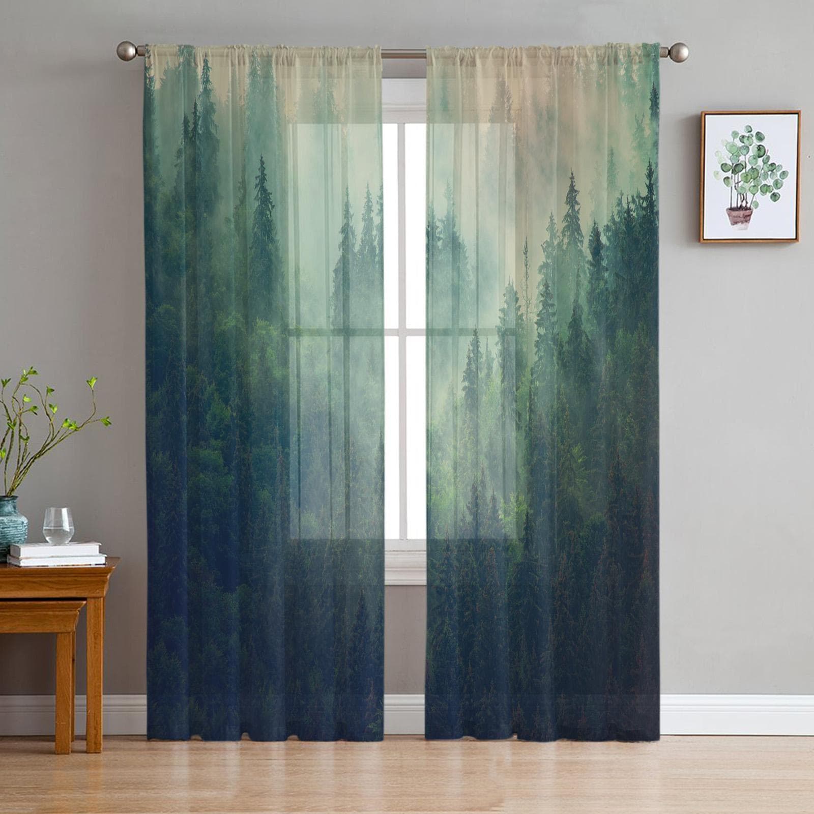 Luxury Tulle Curtains Fog Woods Fir Jungle Living Room Kitchen Chiffon Curtain Youth Bedroom Sheer Floor Valance Curtain 135W x 114H(cm) x2