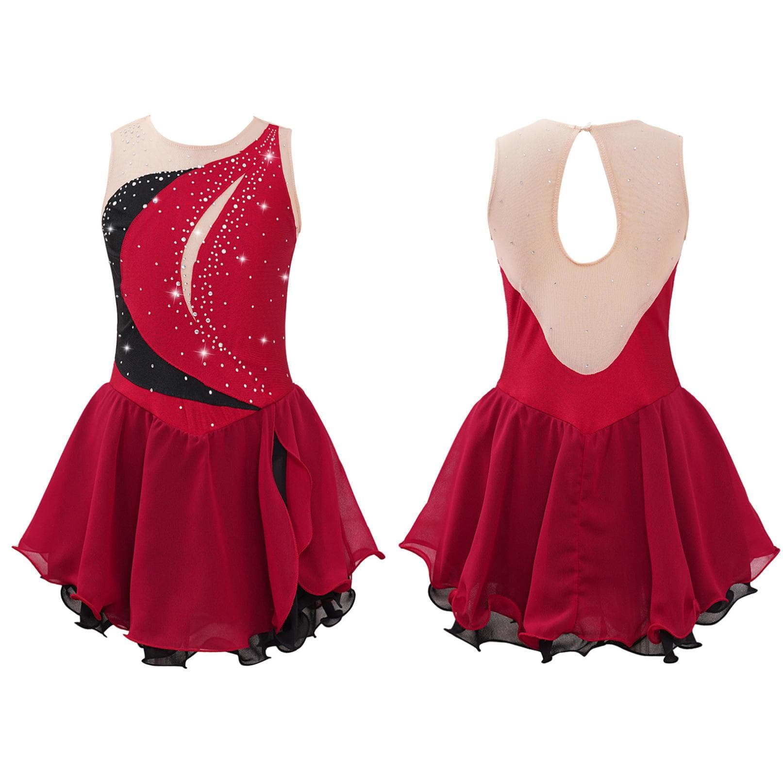 Girls' Figure Skating Dress Sleeveless Glitter Rhinestone Ballet Leotard Dress Competition Costume Gymnastics Suit 5-6 Years burgundy