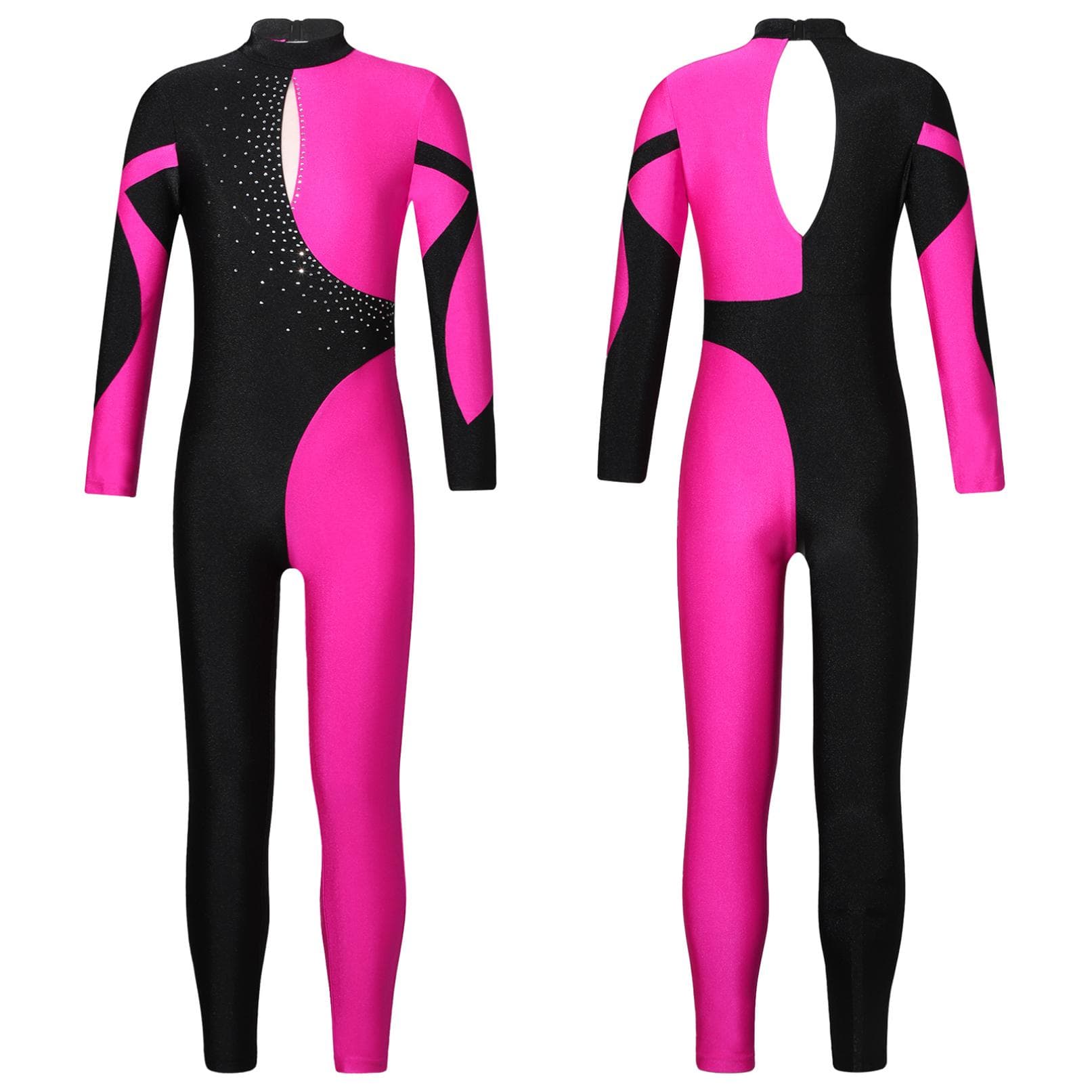Gymnastics Jumpsuits Kids Shiny Rhinestone Ice Skating Bodysuit Girls Long Sleeve Ballet Dance Full Body Leotards Unitards 7-8 Years hot pink
