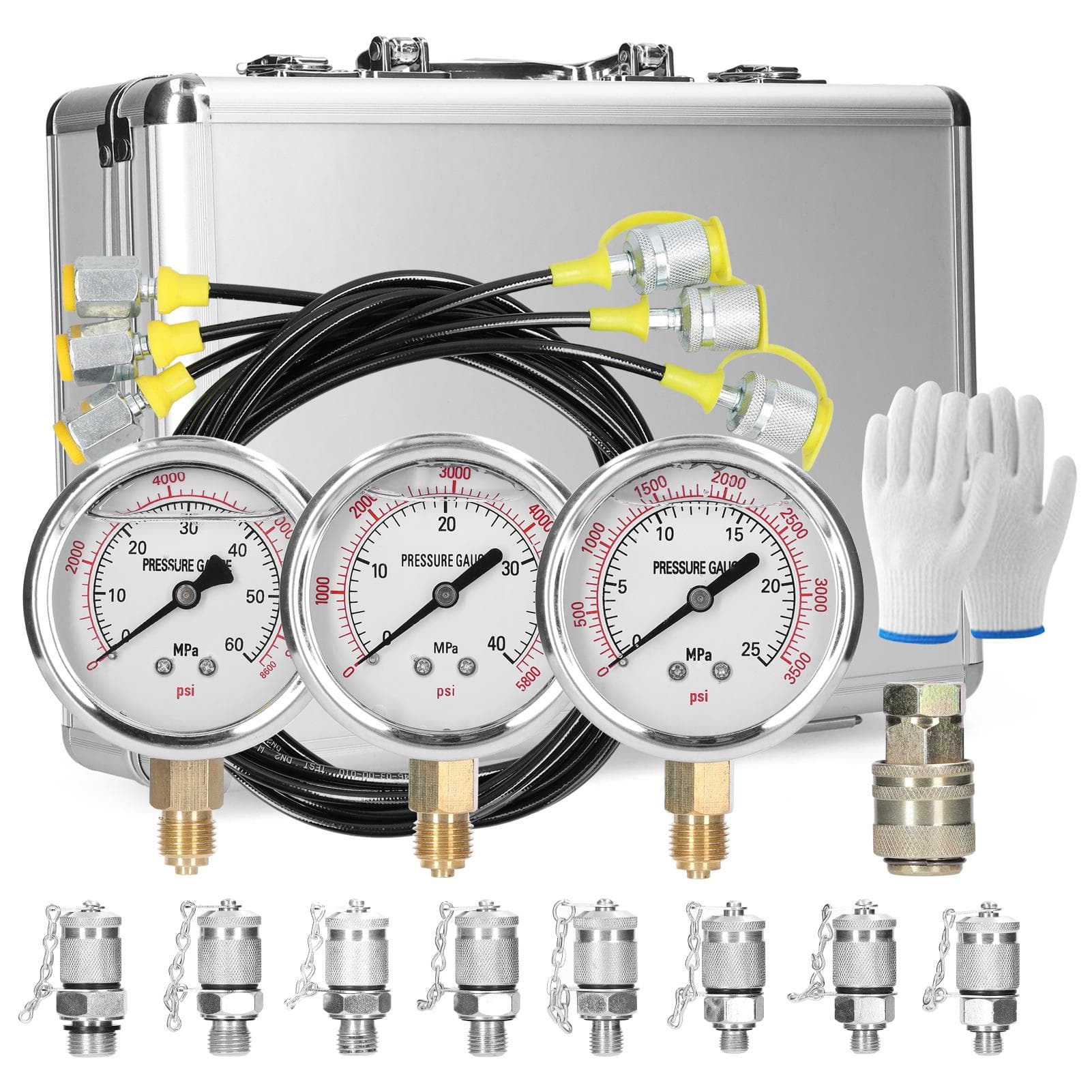 Hydraulic Pressure Gauge Kit Excavator Hydraulic Pressure Meauring Device with 9 Couplings 3 silver