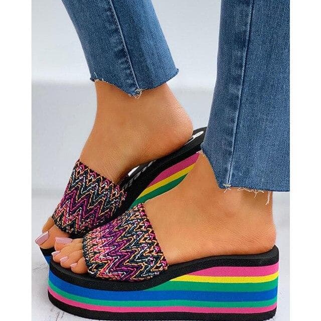 Summer Wedges Slides Rainbown Platform Sandals Women Mules Shoes Fashion Slipper Sandals Cozy Walking 35 red