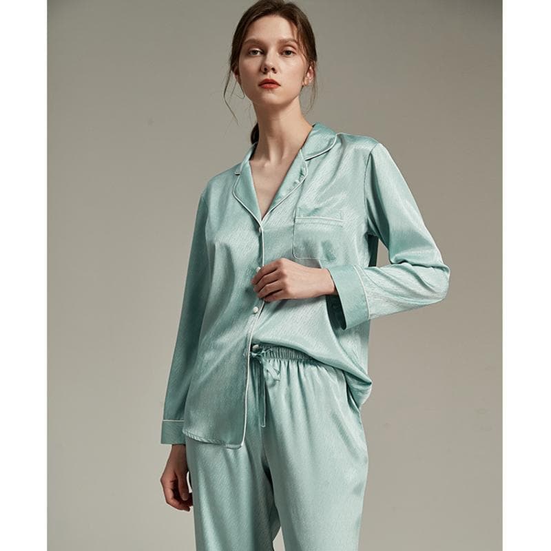 Lapel Sleep Suit Sleepwear Long Sleeves Pajama Sets Nightwear Shirt Pant Ice Silk Lapel Homewear 2Pcs Loose Home Clothes L blue