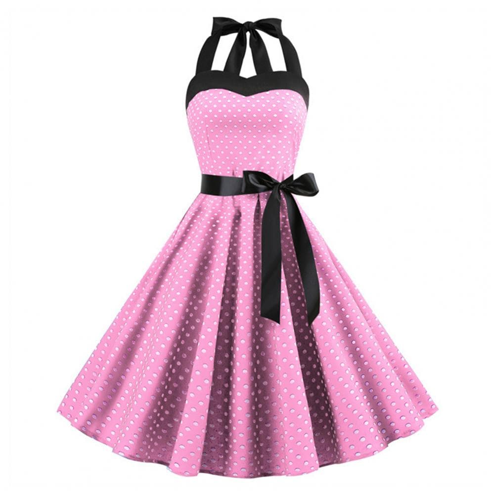Women Midi Dress Halter Neck Lace Up Tight High Waist Bow Decor Sleeveless A-line Loose Hem Dot Print Retro 50s 60s Lady Backles L pink