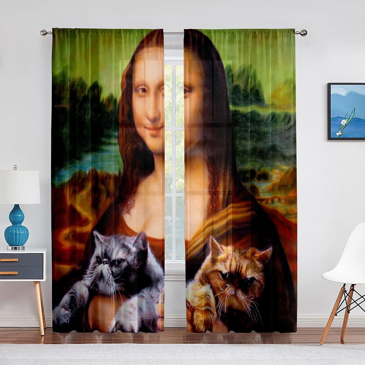 Mona Lisa and Funny Kittens Painting Tulle Curtain for Bedroom Window Curtain Luxury Cafe Hotel Decor Living Room Sheer Drape 1 PCS W100XH250cm&Grommet Top